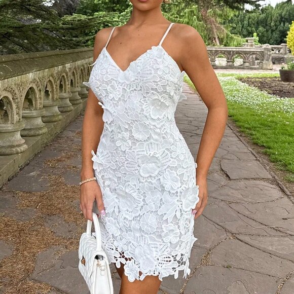 White Elegant Women's Milk Silk Embroidered Mini Slip Dress - Picture 5 of 5